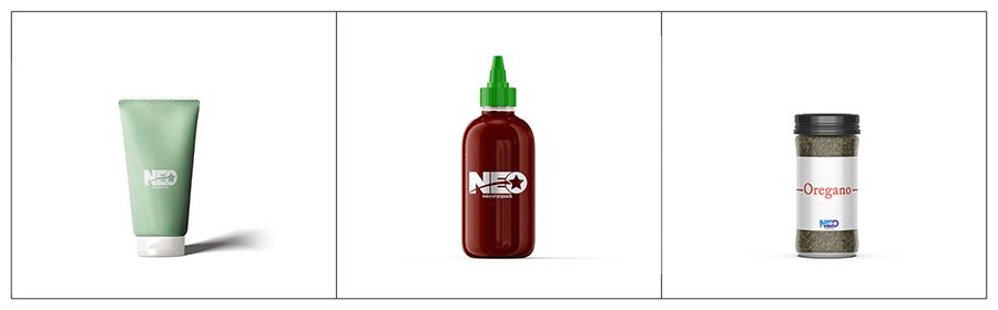 Material de produto adequado para a máquina de rotulagem automática de impressão e aplicação da Neostarpack inclui loção, ketchup e orégano.