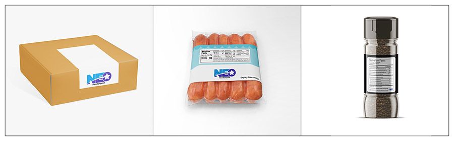 Les étiquettes adaptées à la machine d'étiquetage automatique d'impression et d'application de haute précision de Neostarpack sont l'étiquette de boîte vide, l'emballage de saucisse et les condiments.