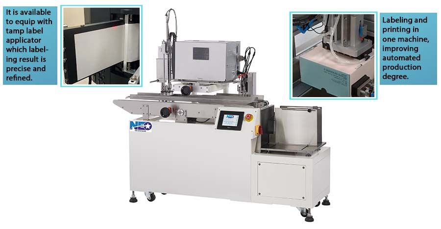 Mesin Label dan Label Otomatik Print and Apply otomatik Neostarpack tersedia untuk dilengkapi dengan aplikator label tamp yang memberikan hasil penempelan label yang akurat dan halus. Penempelan dan pencetakan dalam satu mesin, meningkatkan tingkat produksi otomatis.