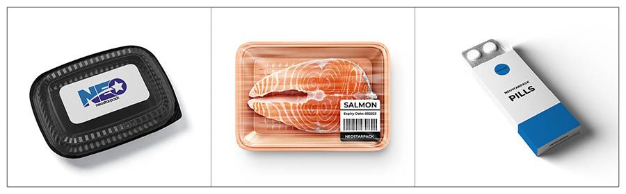 Produits adaptés à l'étiqueteuse automatique supérieure et inférieure de Neostarpack pour les boîtes-repas à emporter, les fruits de mer et les médicaments.