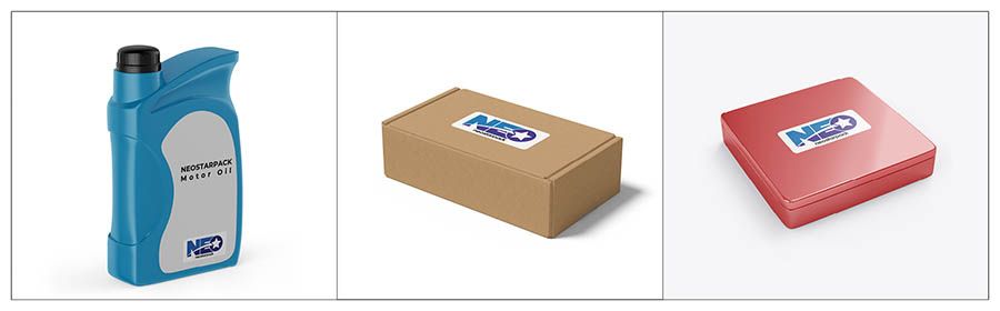 Materiais de produto adequados para a Rotuladora Automática de Topo e Fundo da Neostarpack: óleo de motor, caixas de papelão e caixas de biscoito.